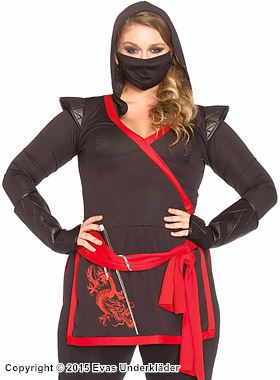 Kvinnelig ninja (også kjent som kunoichi), kostymetopp og -bukser, hette, sløyfebånd, drage, XL til 4XL